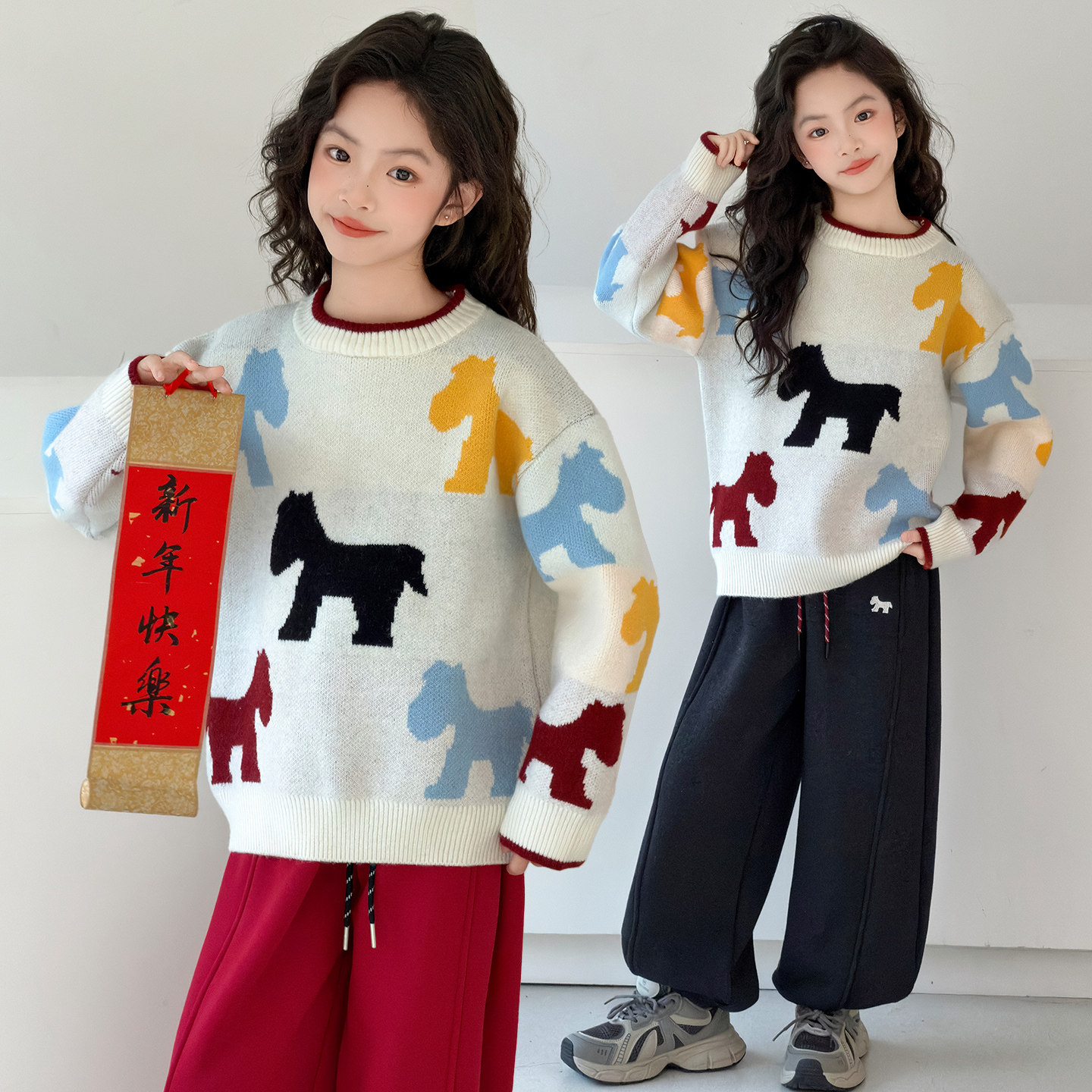 女童新年毛衣秋冬新款中大儿童加厚套头针织衫马年洋气上衣年服潮