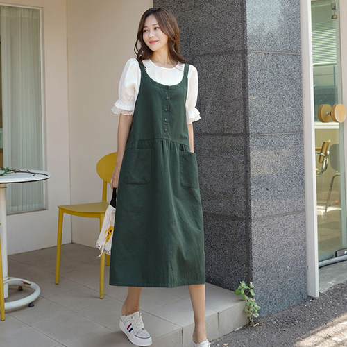 文艺棉麻纯色背带裙宽松夏连衣裙