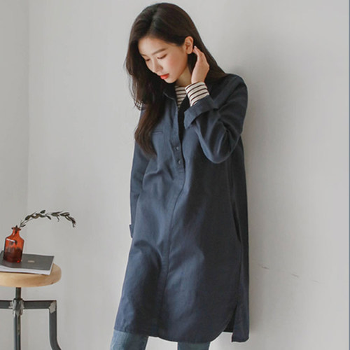 宽松衬衫裙套头长袖韩版纯麻纯色