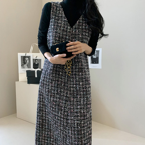 小香风小格子韩版V领A字裙连衣裙