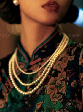 女士长款百搭配旗袍颈链多层珍珠