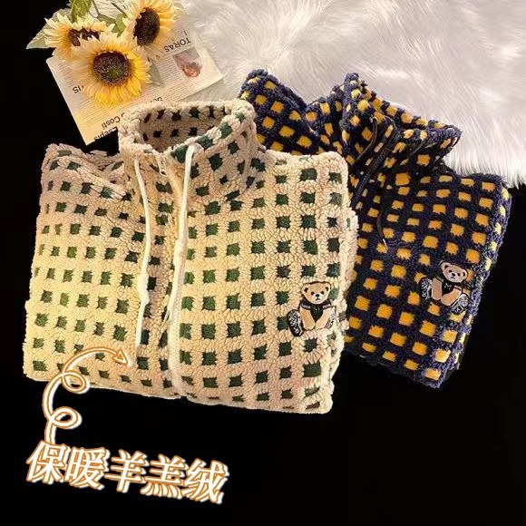 新款小熊刺绣格子加绒加厚羊羔绒棉衣xz1002-1-Y72p128控158，男装棉衣，星座906（原电商a316-1）
