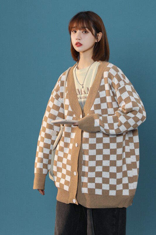 新款春秋中性棋盘格毛衣情侣潮流宽松针织开衫XZ1002-1-Y22P55,男装针织衫/毛衣,星座906（原电商a316-1）