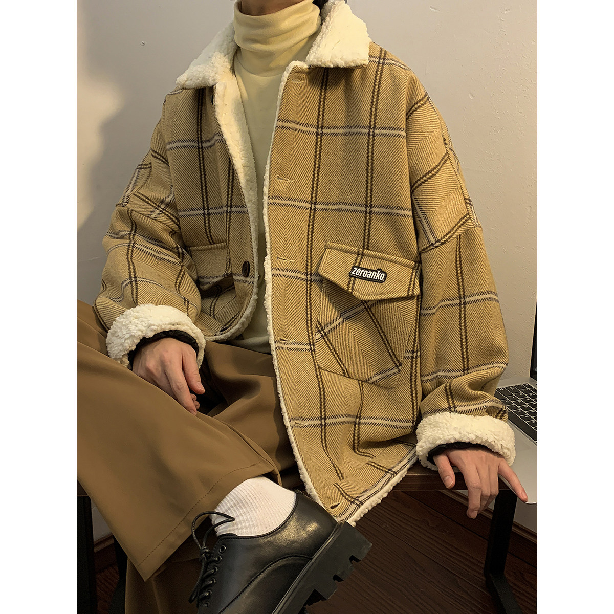 新款毛呢格子棉衣宽松加绒加厚外套xz1002-1-Y73p115控139图片