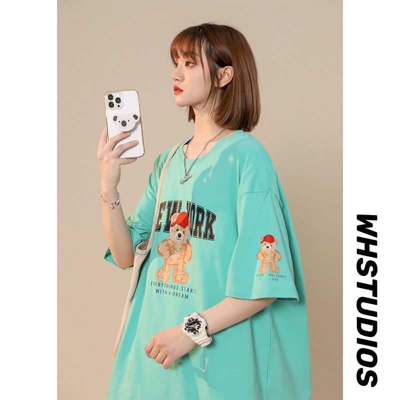 xz1002-1-Y48P25限38     夏款中性原创小熊短袖全棉情侣落肩T恤图片