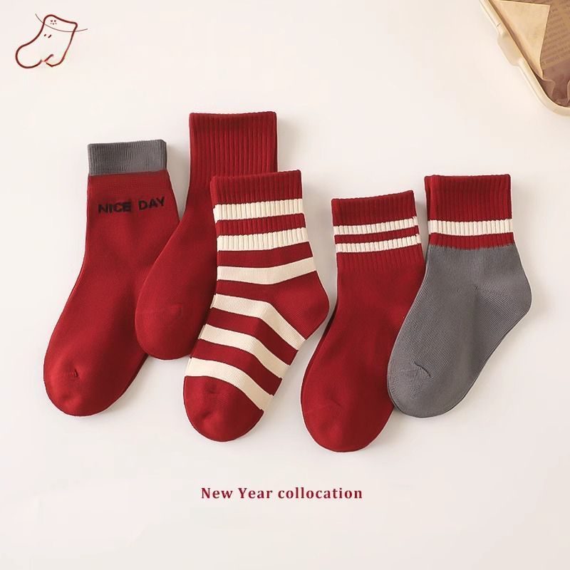 儿童袜子秋冬季秋冬棉袜安可拉红过年中筒红色新年女童宝宝本命年