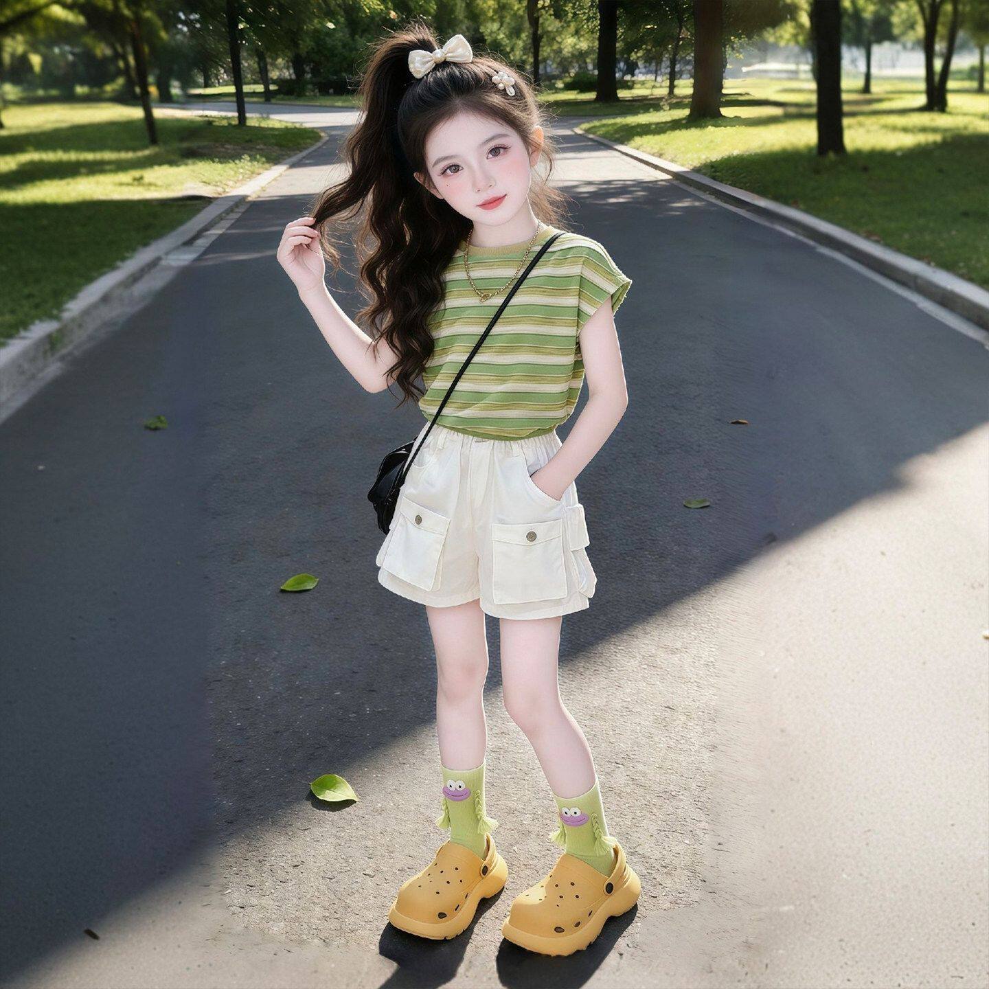 女童夏装套装2026新款儿童洋气条纹短袖T恤夏季女孩短裤两件套