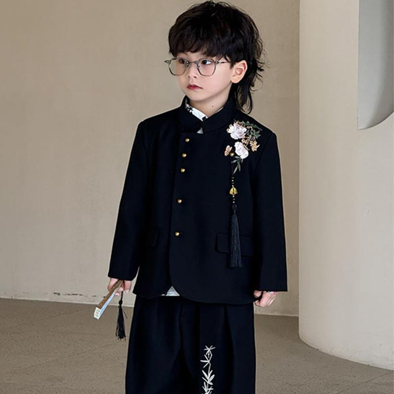 男童新中式2025新款国风儿童帅气黑色西服两件套帅气儿童中式立领