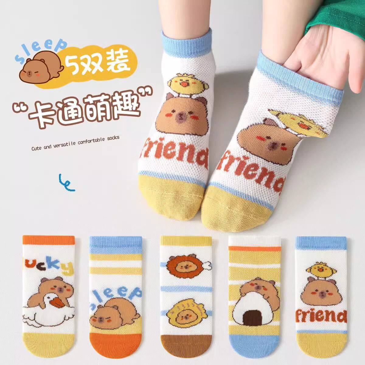男童袜子夏季薄款网眼小学生棉袜儿童卡通袜宝宝小童春秋卡皮巴拉