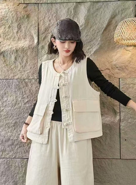 M411早春新款加厚双纱马甲盘扣宽松坎肩百搭衣长62胸围120