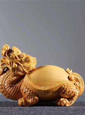 崖柏木雕招财龙龟摆件