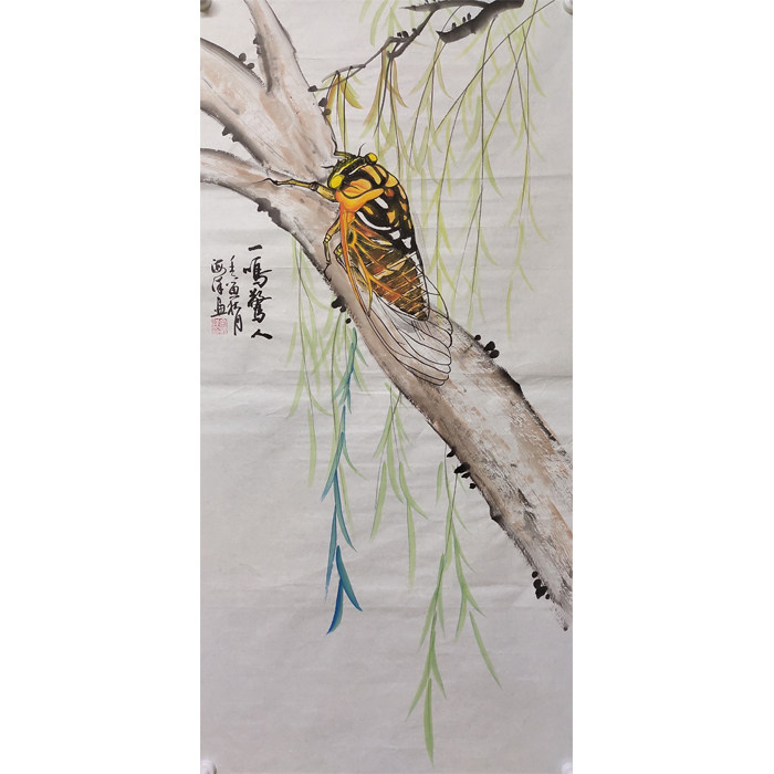 纯手绘三尺国画一鸣惊人蝉鸣图玄关挂画