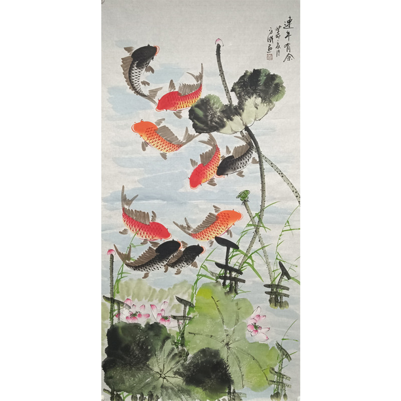 纯手绘国画荷花连年有余四尺九鱼图玄关挂画