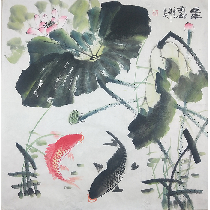 纯手绘四尺斗方花鸟国画荷花装饰画连年有余客厅字画玄关挂画图片