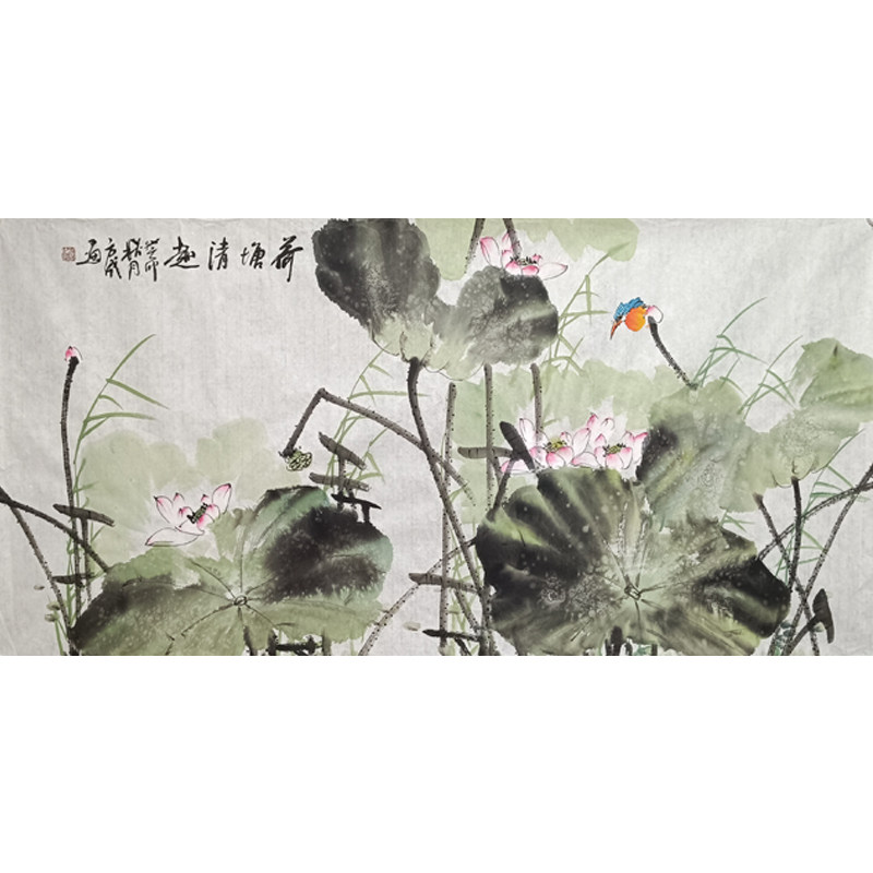纯手绘四尺国画荷花翠鸟荷塘清趣客厅挂画