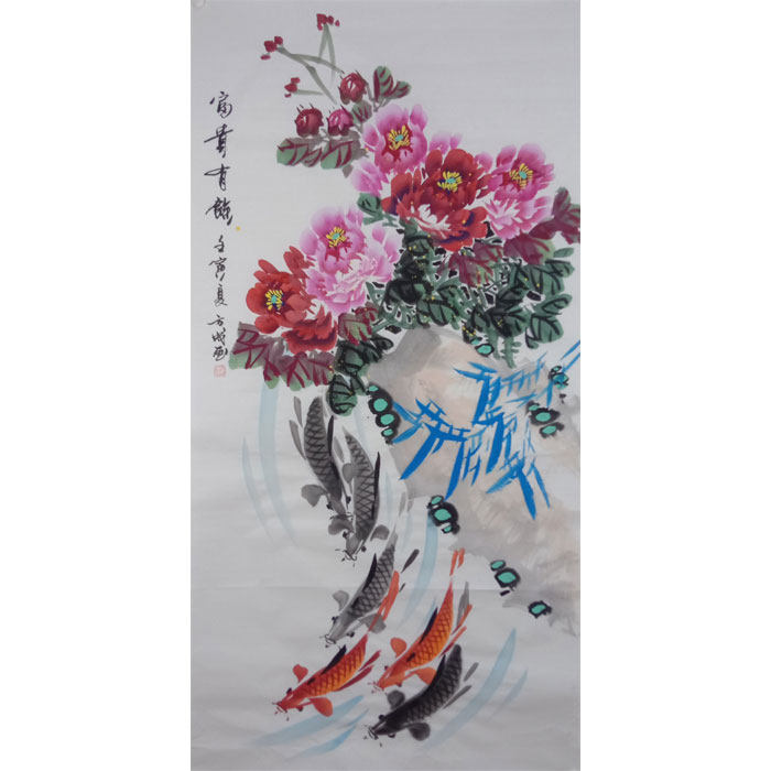 纯手工四尺写意国画牡丹鱼富贵有余玄关挂画
