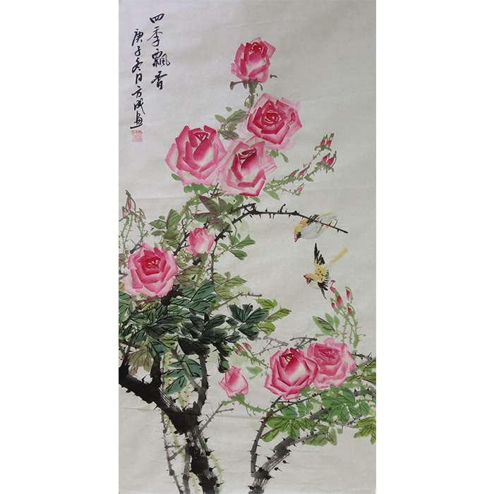 纯手工花鸟写意三尺国画月季四季飘香玄关装饰画