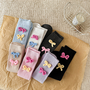 素清新甜美小腿袜ins潮儿童袜子 春秋女童浪漫立体蝴蝶结元