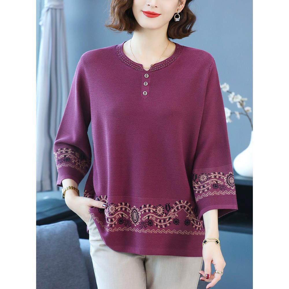 中年妈妈装春夏新款七分袖冰丝针织衫女宽松加大加肥遮肚打底上衣