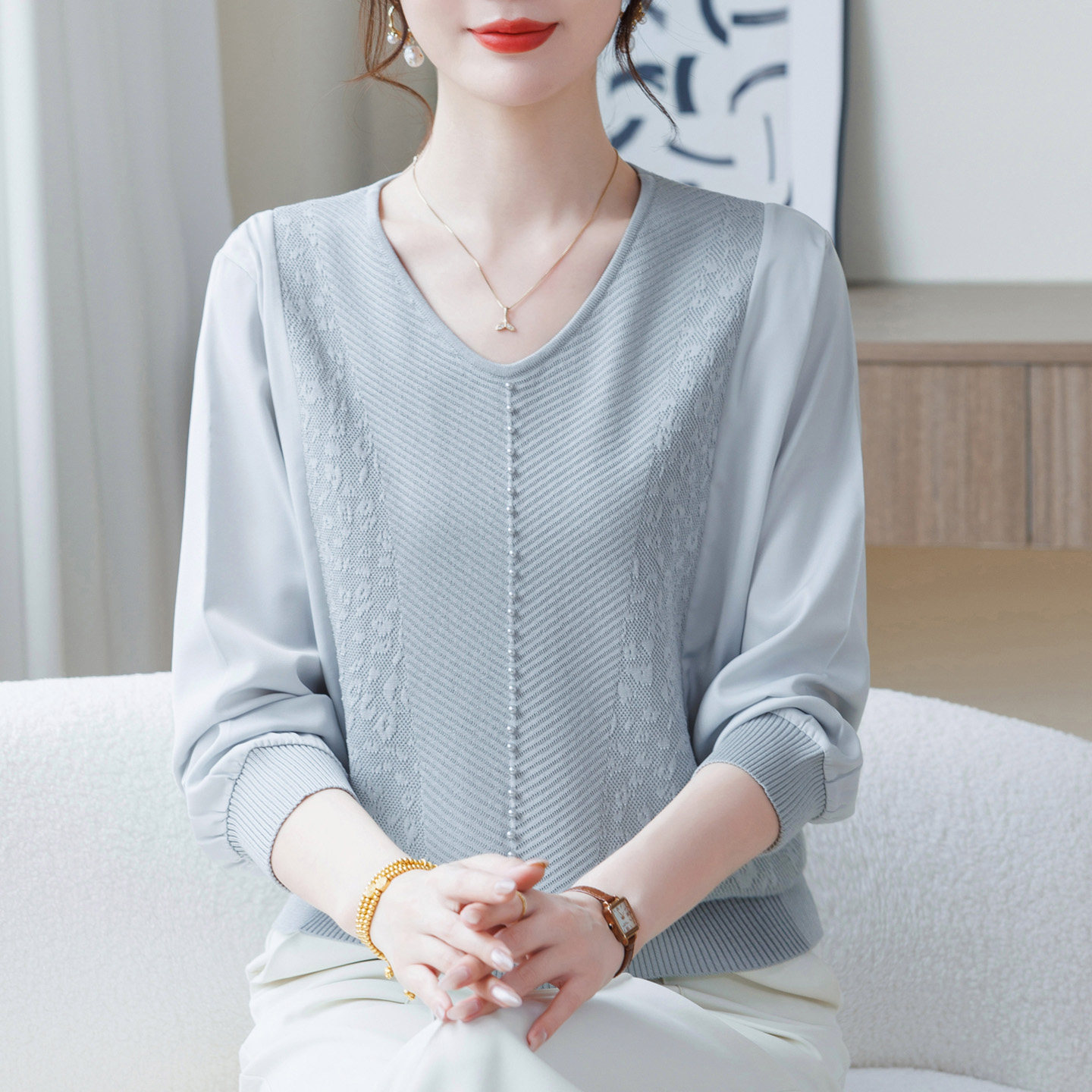 中年妈妈初秋薄款针织衫加肥加大码长袖桑蚕丝T恤女宽松洋气上衣