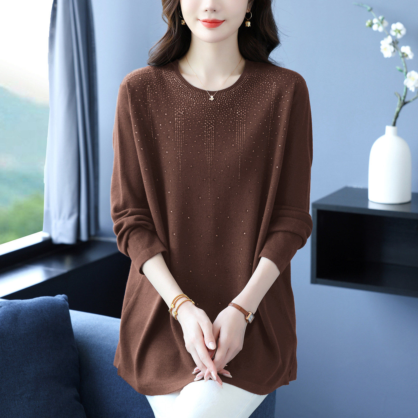 中年妈妈春秋羊毛衫宽松中长款毛衣女加肥大码遮肉上衣针织打底衫