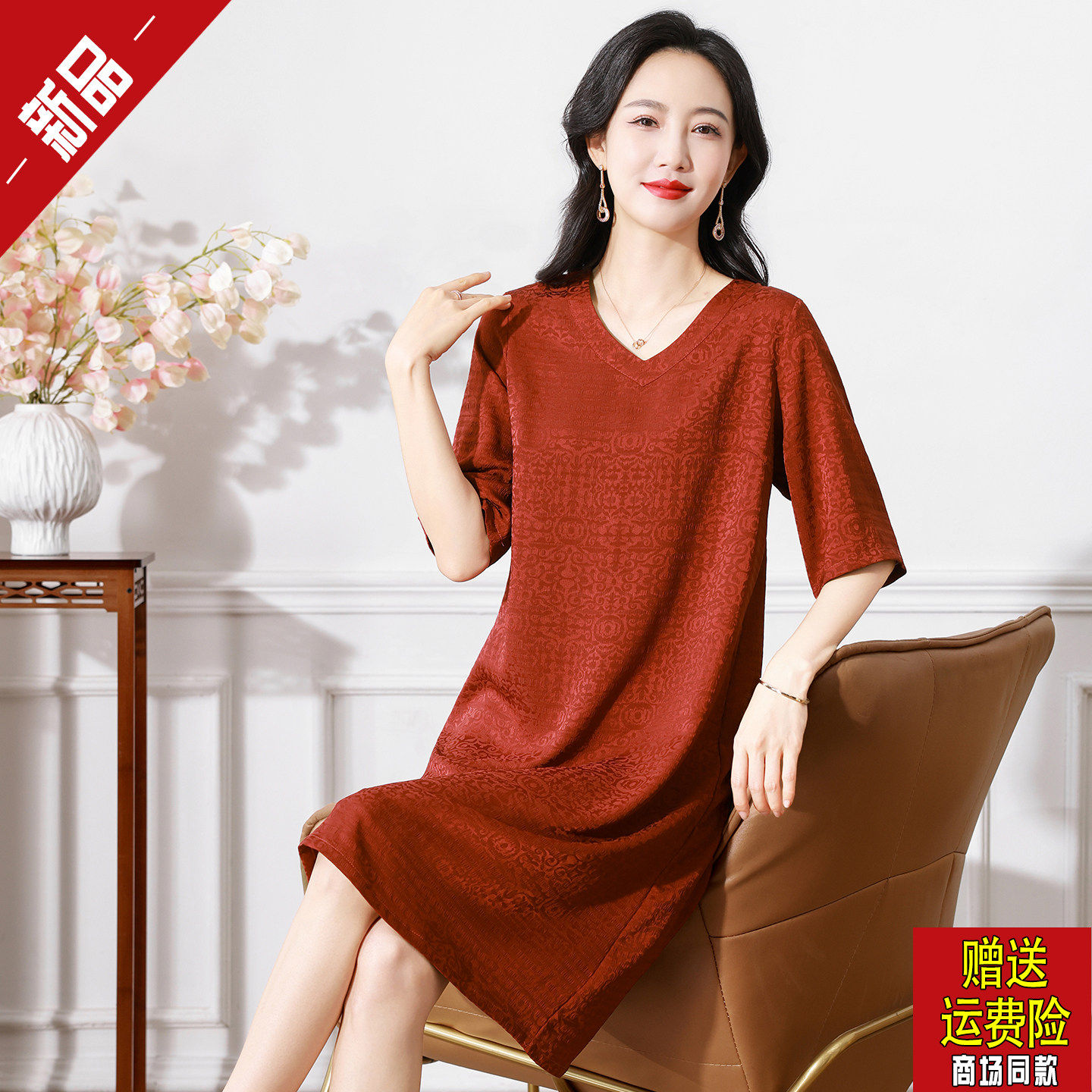 中老年妈妈夏装香云纱真丝连衣裙女宽松加大码遮肚显瘦桑蚕丝裙子