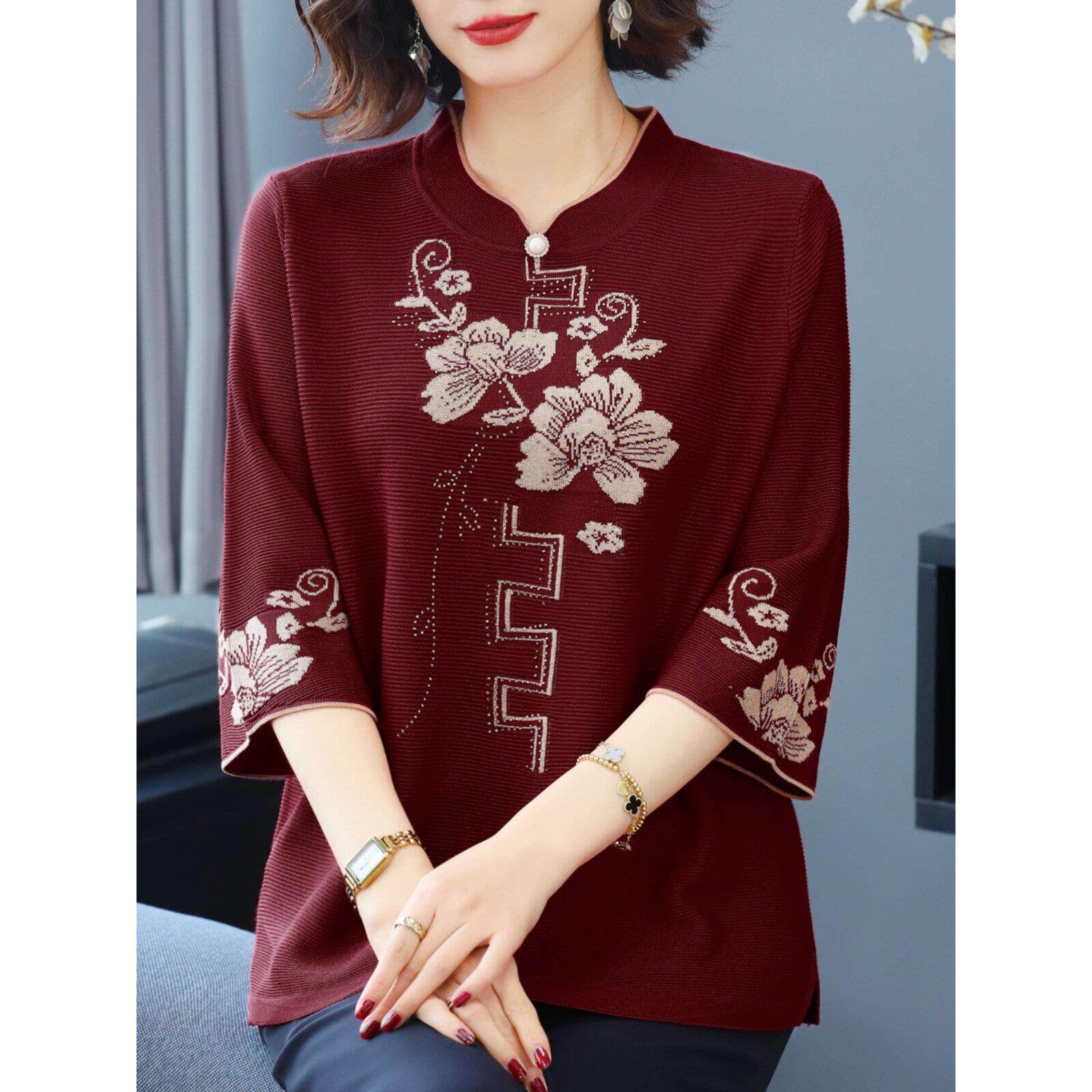 中年妈妈春秋上衣老年冰丝T恤加肥特大码女装高贵洋气针织打底衫