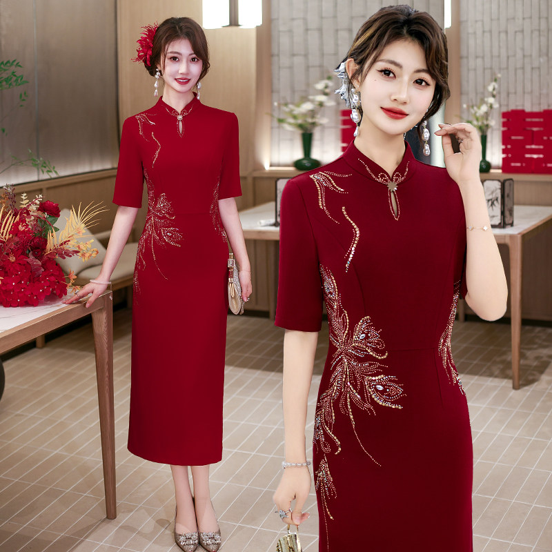 喜婆婆中式五分袖旗袍女婚宴礼服修身显瘦妈妈装高端气质连衣裙