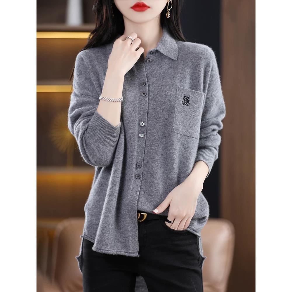 胖mm大码针织开衫女2025秋季新款宽松遮肚显瘦polo领上衣羊毛外套