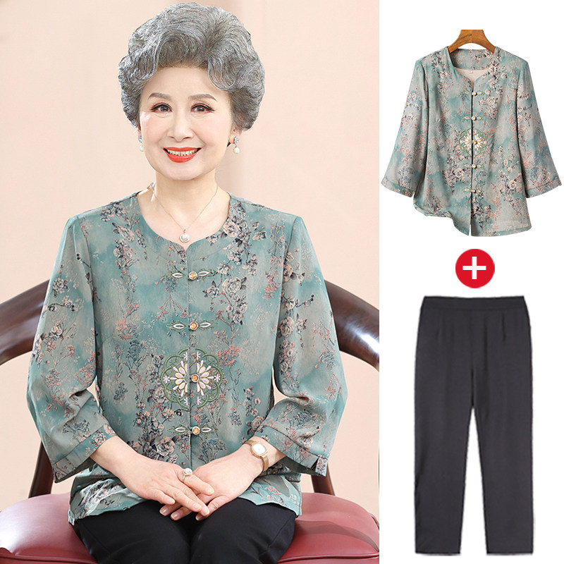 奶奶夏装中老年人衬衫女妈妈上衣唐装春夏外套七分袖太太衣服套装