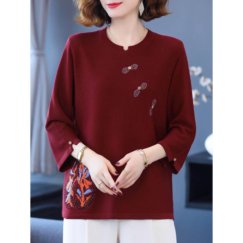 妈妈春秋薄款上衣七分袖桑蚕丝T恤衫女中老年大码女装洋气针织衫