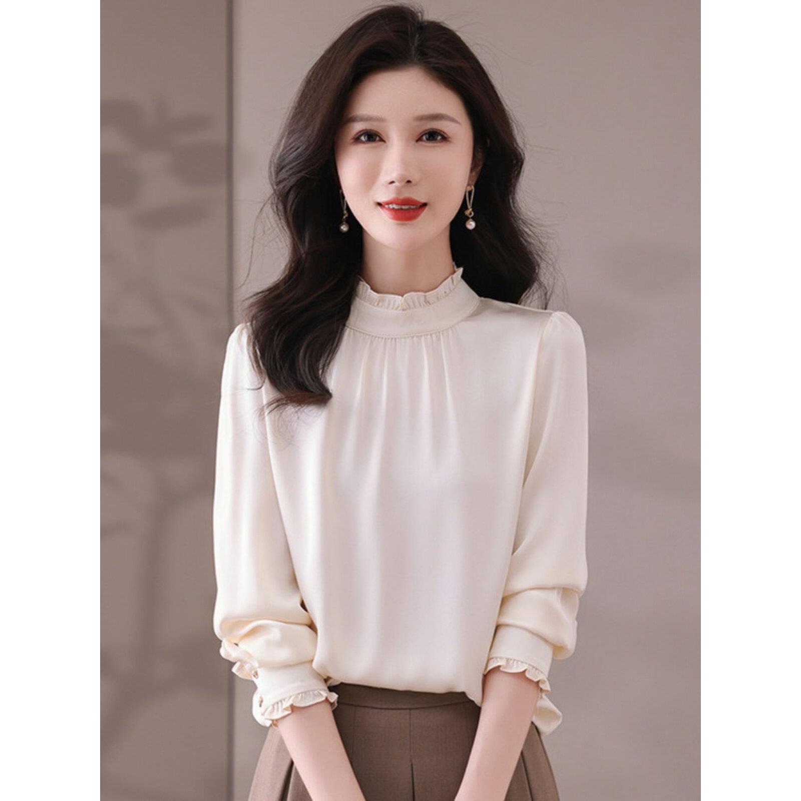 重磅真丝衬衫女装长袖气质花边立领洋气纯色桑蚕丝上衣衬衣小衫春