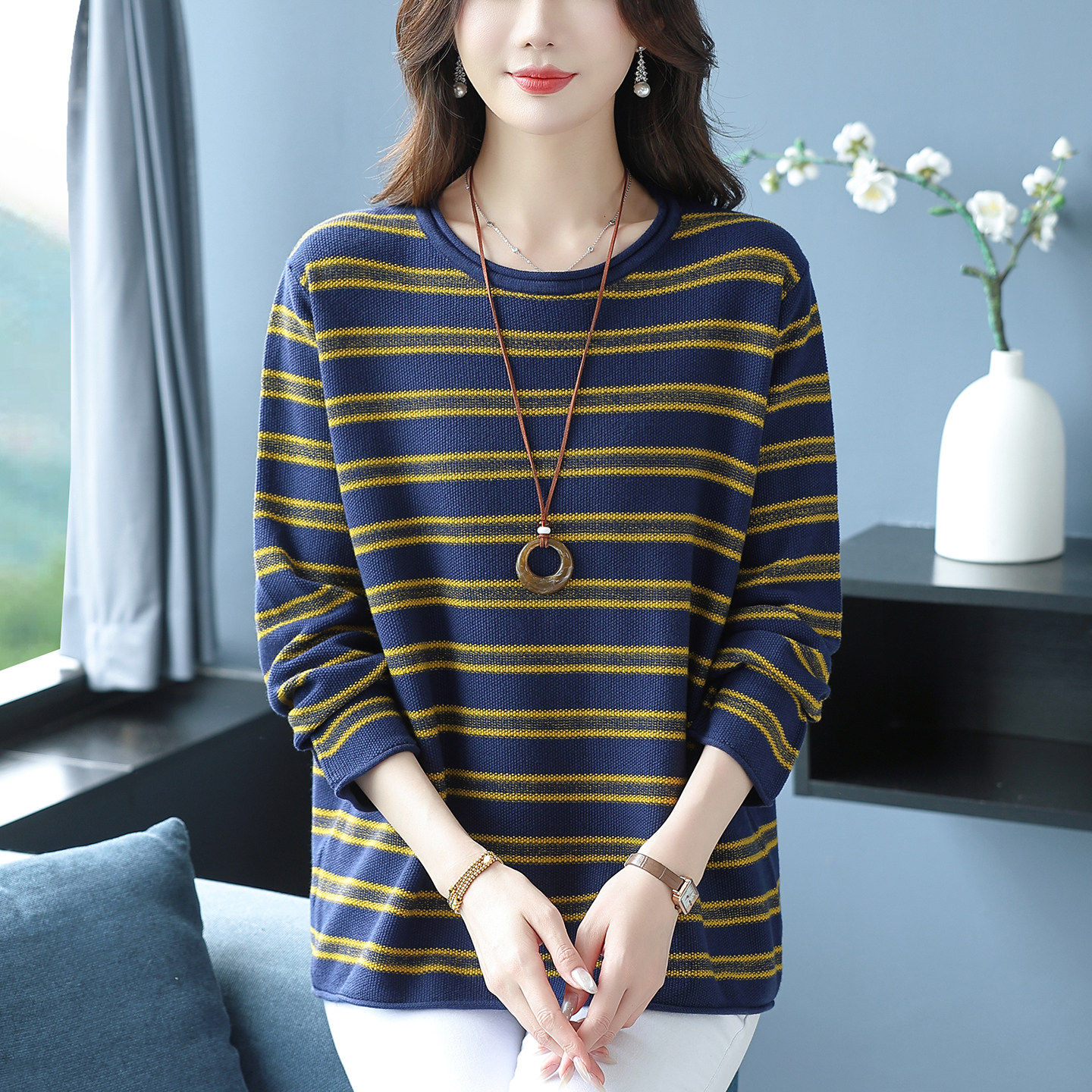 胖mm秋季条纹针织衫女中年妈妈装宽松大码长袖上衣柔软舒适打底衫