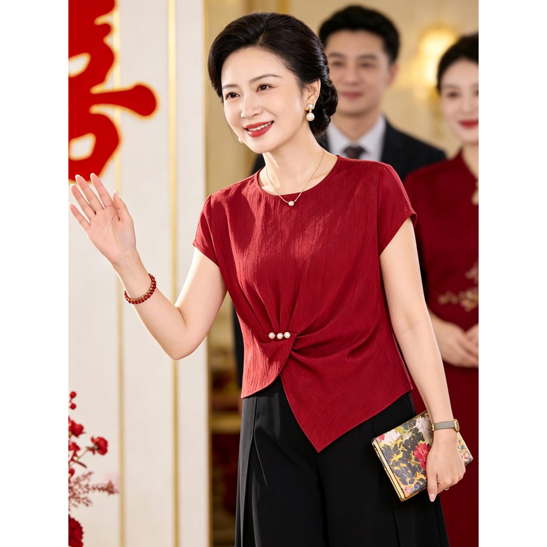高贵结婚礼服妈妈夏季裤子套装2026喜婆婆婚宴红色上衣服平时可穿