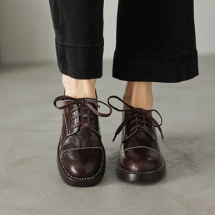 复古英伦风一脚蹬真皮乐福鞋粗跟单鞋平底设计系带厚底小众单鞋女
