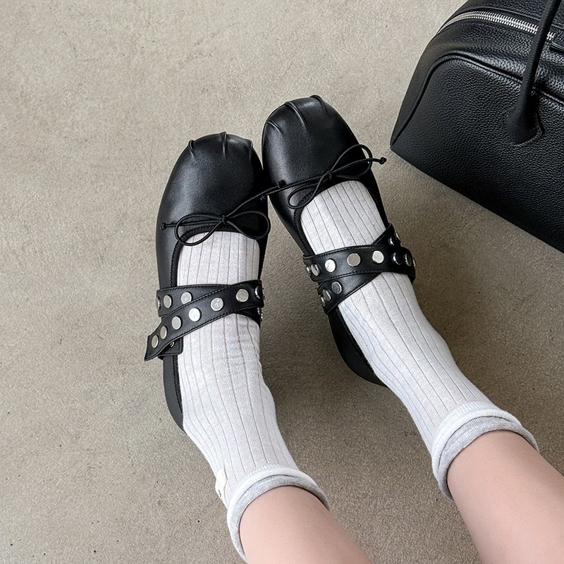 法式铆钉玛丽珍鞋鞋女平底浅口蝴蝶结芭蕾真皮单鞋气质配裙小皮鞋,女鞋,玛丽珍鞋,淘宝优惠券,粉丝福利购,淘宝优惠卷