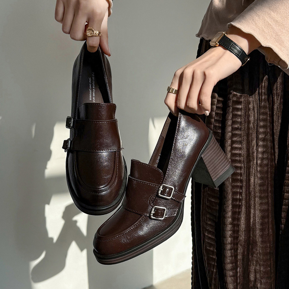 英伦风搭扣乐福鞋女粗跟圆头小皮鞋百搭通勤一脚蹬单鞋中跟单鞋女,女鞋,乐福鞋（豆豆鞋）,淘宝优惠券,粉丝福利购,淘宝优惠卷