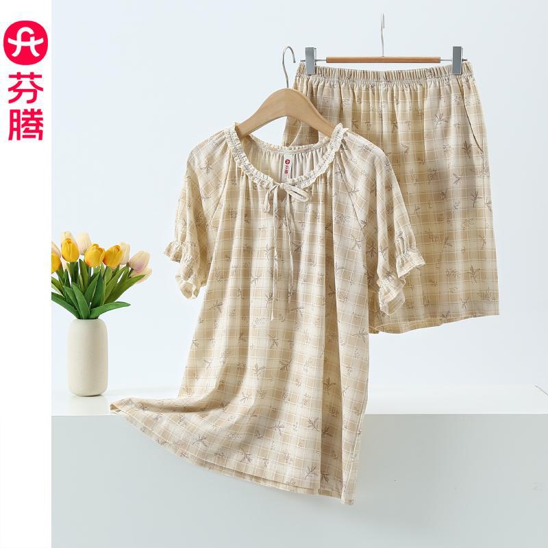 芬腾睡衣女款新款夏季纯棉短袖短裤套装宽松圆领套头可外穿家居服