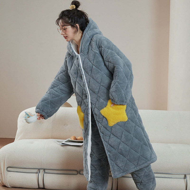 珊瑚绒睡衣女秋冬季加绒加厚三层夹棉法兰绒家居服冬季三层夹棉