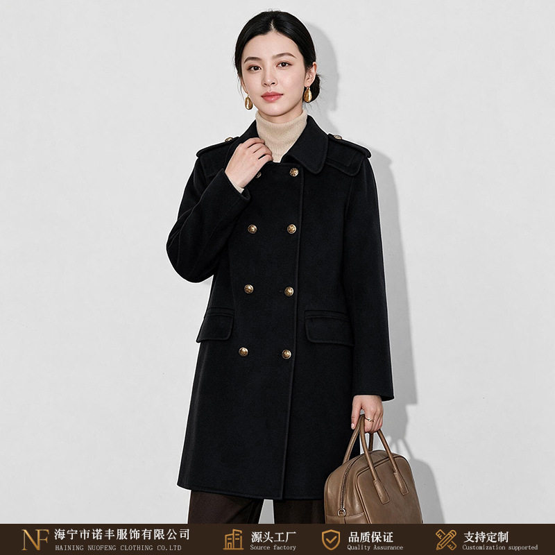 黑色双面大衣女中长款秋冬新款英伦肩章双排扣金扣羊毛呢外套气质
