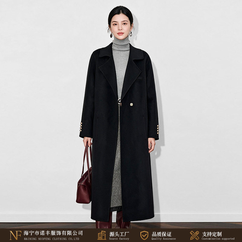通勤气质双面呢大衣女长款系带收腰显瘦秋冬羊毛呢子外套欧美跨境