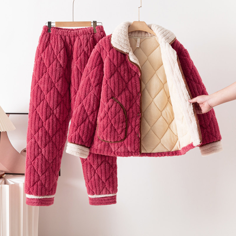冬季三层夹棉睡衣女珊瑚绒加厚加绒可外穿法兰绒家居服套装中老年