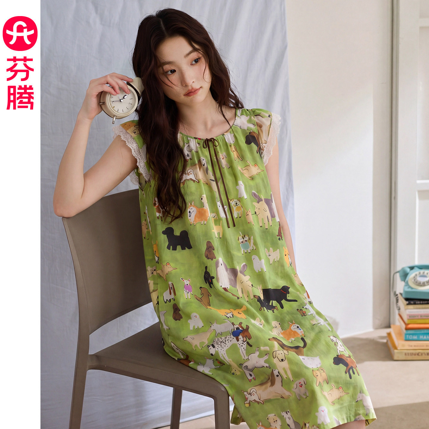 【全棉软感】卡通小狗印花软糯睡裙女士小飞袖夏季薄款家居服裙子