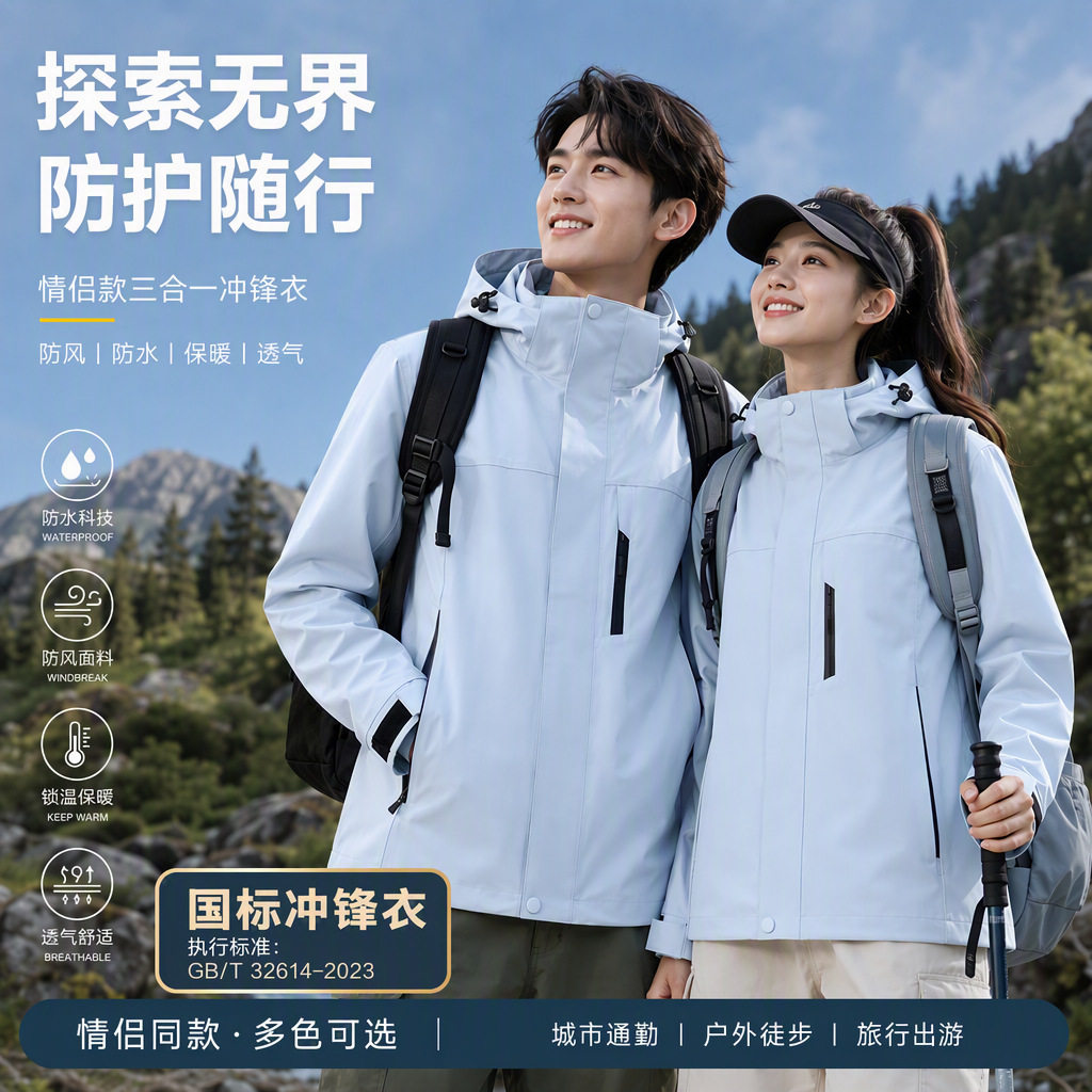 国标冲锋衣女户外三合一杜邦三防外套防水防风爬山滑雪登山服男