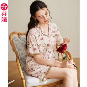 芬腾睡衣女士新款夏季纯棉短袖短裤套装休闲花卉宽松可外穿家居服