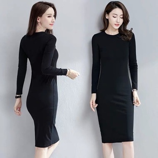 裙子加绒修身 打底裙包臀中长款 显瘦长袖 纯棉连衣裙女秋冬2021大码