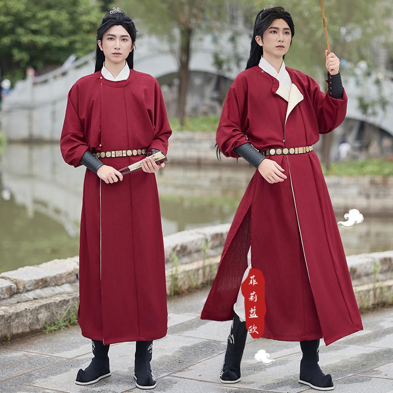 圆领袍男大码红色长款汉服