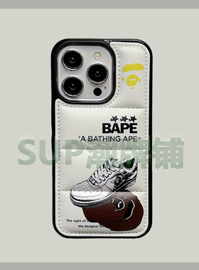 潮牌bape羽绒服适用苹果14手机壳iPhone13防摔15Pro max情侣XR个性欧美Xs秋冬12气垫抗震11por新品男女保护套