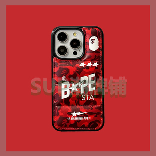 红色bape猿人羽绒服苹果15ProMax手机壳16情侣新款适用iPhone14ProMax冬季简约男女13Pro保护套肤感12/11/xr