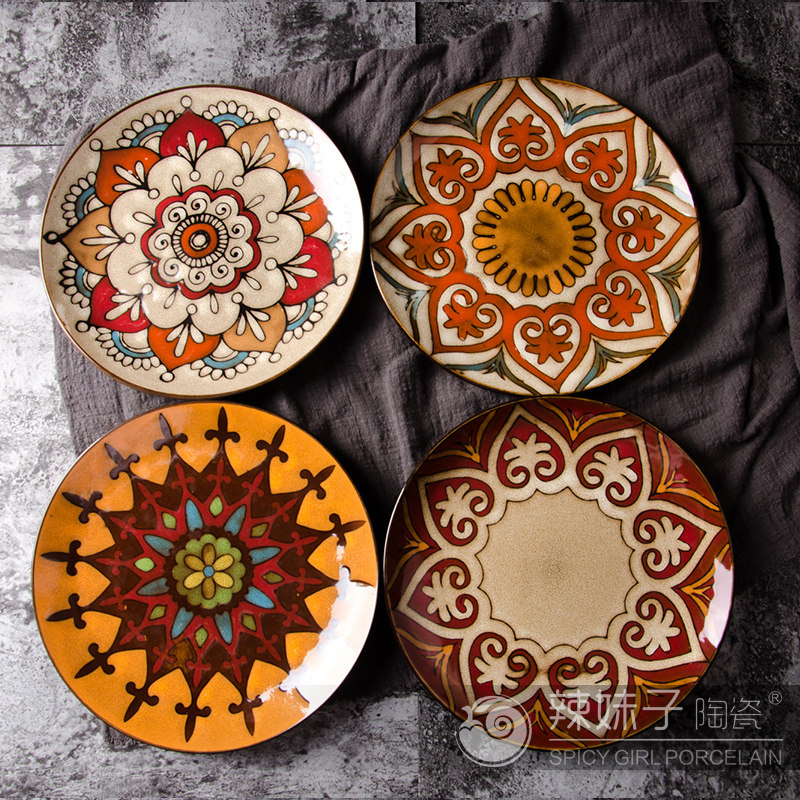 民族风创意欧美式陶瓷盘碟子西餐牛排水果点心手绘釉下彩复古炒菜